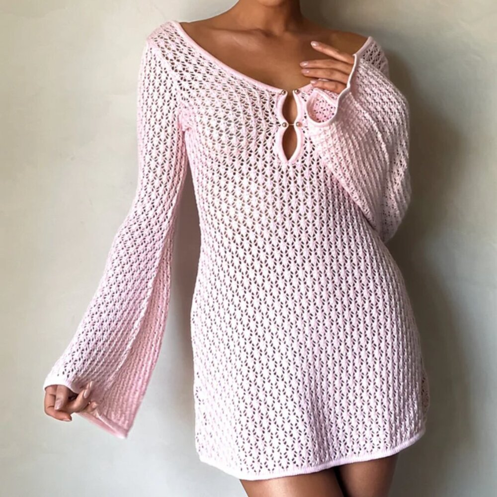 Kayleigh Crochet Knit Mini Dress - light pink